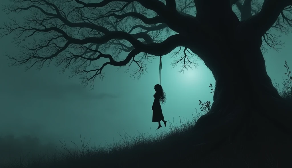 A creepy picture of a woman hanging herself under a big tree. It&#39;s dark.