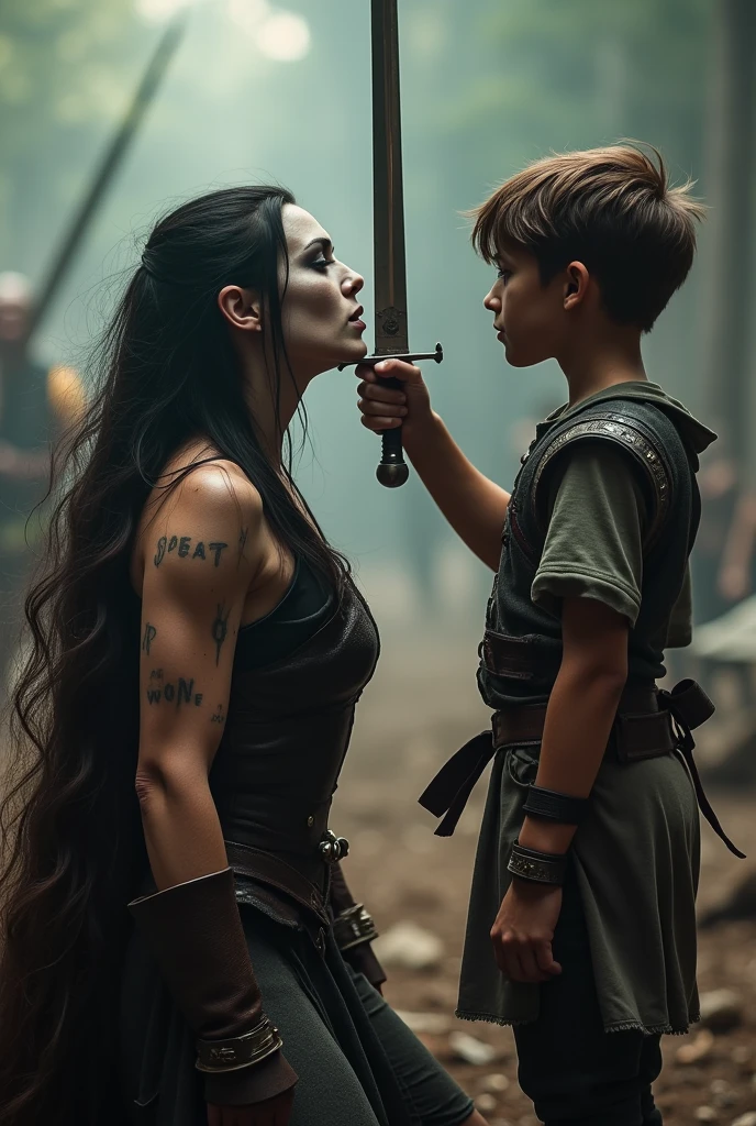 Realism, super quality, action battle photo style, defeated woman standing on her knees, her son is holding the the tip of the sword against woman's throat, stabbing her in the throat, her head is thrown back, woman has large masculine Adam's apple, (woman is a 30-year-old warrior, feminine face, gothic makeup, pale skin, long hair) (son is 12-years-old) roman empire fight