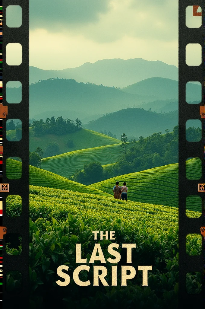 Create a movie poster for "The Last Script," set in Badulla, Sri Lanka. The poster should feature a beautiful and lush landscape of Badulla, highlighting the green hills and tea plantations typical of the region. Include the title "The Last Script" in a prominent, dramatic font at the center of the image. Add subtle film-related elements, such as a vintage script or film reel, to enhance the theme of the movie. Ensure the overall design captures both the scenic beauty of Sri Lanka and the cinematic nature of the film.
