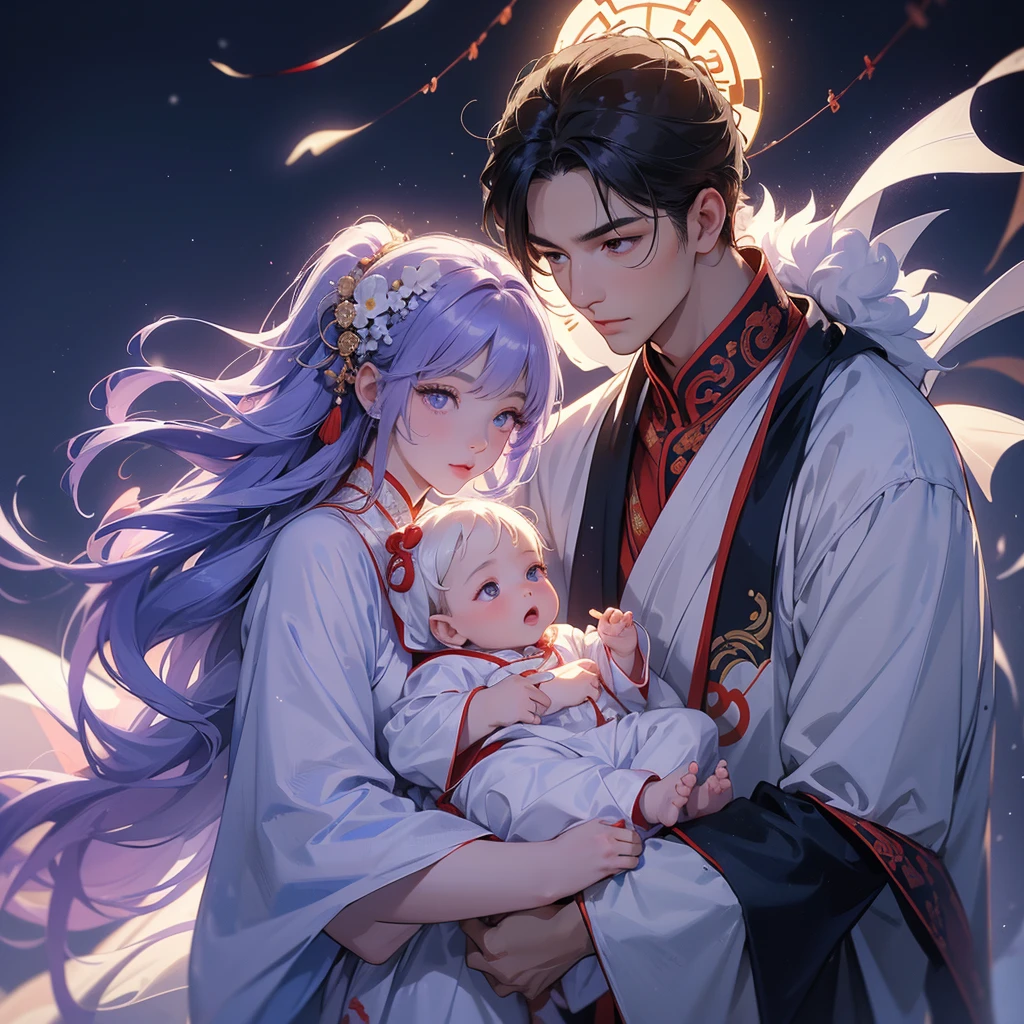 A one-year-old baby boy in an white ancient Chinese baby costume with his beautiful mother, dressed in an ancient Chinese costume, There are some floating clouds, playing with each other, with his handsome father standing next to his mother, close up.
Background is a dark moonless night, with dry trees in the background, and purple glowing light