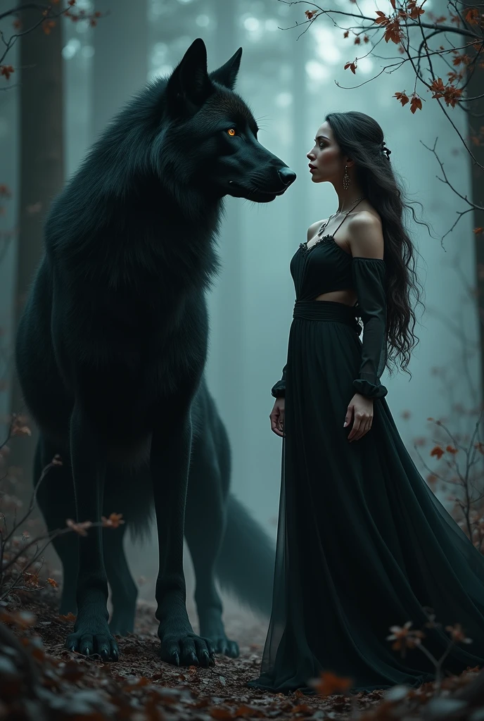 A woman and a black wolf with a woman in black clothing and red lips