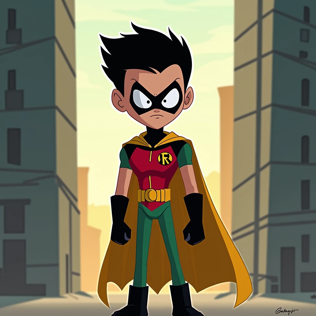Cartoon design of robin without figure and tall and without big head in titans animation on building with white eyes
