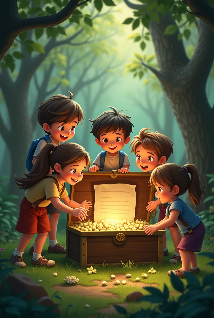 The children open the chest and find magical seeds along with a letter from the forest guardian. The scene is filled with a sense of wonder as they realize the significance of their discovery.