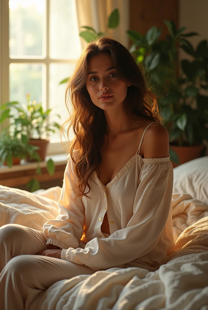 (photorealism:1.2), beautiful woman, sitting on bed, wearing loose off-shoulder top, pajama pants, long curly hair, indoors, soft lighting, plants in background, window with sunlight, cozy room, relaxed pose, realistic, intricate details, warm colors, by Greg Rutkowski, by Alphonse Mucha