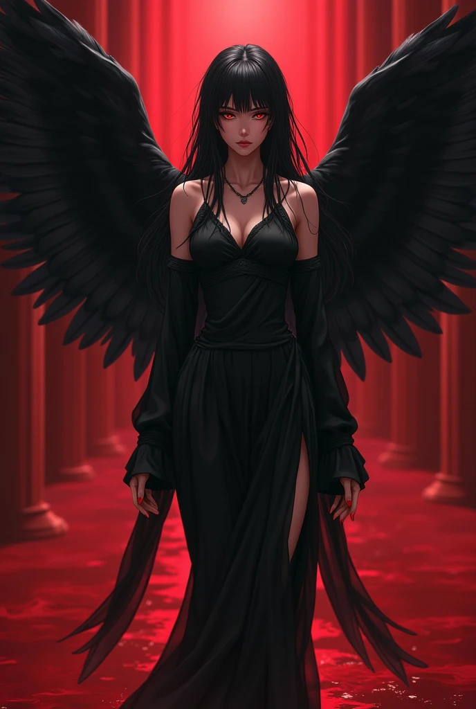 Beautiful adult woman with black hair and amber eyes of perfect anatomy, Ancient Greek clothing in black, black wings on back on a blood floor anime style