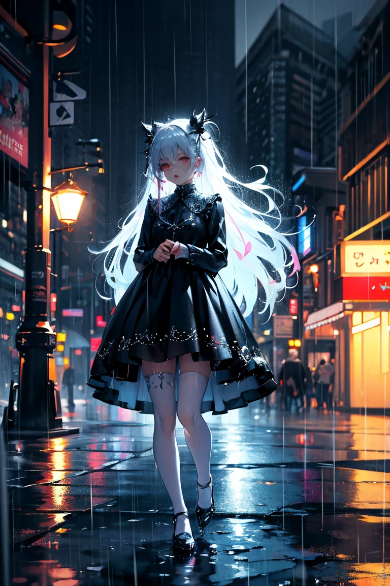 uhd, textured skin, good quality, High details, masterpiece, best quality, high detail face, (Amazingly absurd:1.2), (masterpiece:1.2), fluffy, 1 Girl, Dragon ears, Dress with ruffles, glowing eyes, shining hair , Whole body love, very long hair, hair ribbon, black kneesocks, full body, Kawaiitech, soft colours, Kawaii, Beautiful colors, (Rain:1.5), (Wet:1), (Night:2)