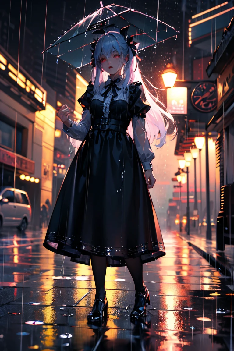 uhd, textured skin, good quality, High details, masterpiece, best quality, high detail face, (Amazingly absurd:1.2), (masterpiece:1.2), fluffy, 1 Girl, Dragon ears, Dress with ruffles, glowing eyes, shining hair , Whole body love, very long hair, hair ribbon, black kneesocks, full body, Kawaiitech, soft colours, Kawaii, Beautiful colors, (Rain:1.5), (Wet:1), (Night:2)