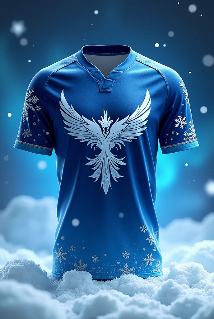 Create a jersey design with following ideas
Base Color: Dark Blue transitioning to Light Blue
Design Elements:
Aurora Borealis Effect: Create an ombre effect, fading from dark blue at the top to a light blue or icy white at the bottom. Incorporate subtle, flowing patterns reminiscent of the Northern Lights, using shades of blue and purple.
Articuno Crest: Place a small, stylized version of Articuno's crest or face in the center of the chest, using a reflective silver or white for contrast.
Subtle Snowflakes: Add small, detailed snowflakes scattered across the jersey, focusing around the edges and sleeves, giving a touch of winter without overwhelming the design.