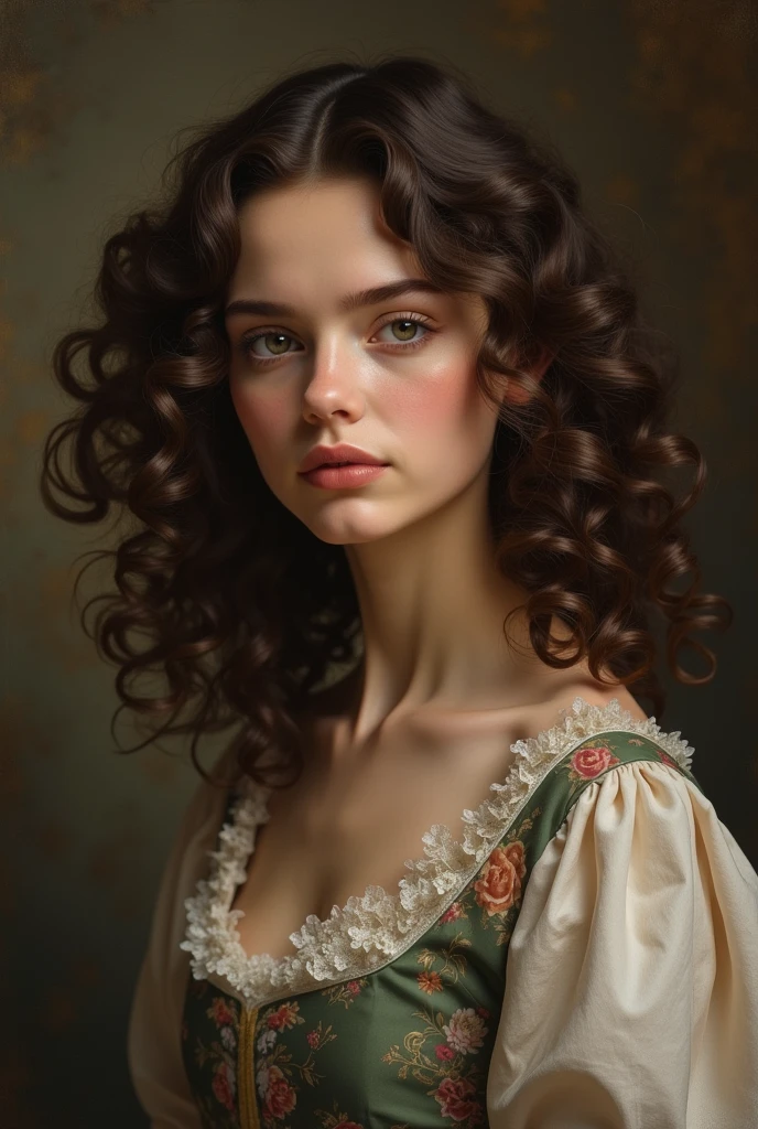 creates a girl with curly hair like royalty in a painting looking seriously