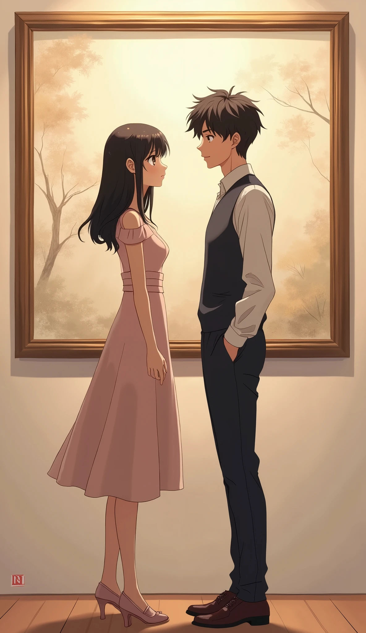 Imagine a anime scene by image from back side of a Indian 2 simple shy college elegant boy and girl standing side by side to each other in art exhibition, girl dressed in simple but elegant one piece dress, a shy and handsome boy standing near to her and looking towards girl with affection, girl looking towards the painting Masterpiece, Best Quality,