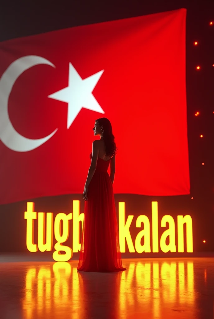 "TUGBA KALAN" is written in 3D in golden yellow and its shadow is reflected on the ground behind it. A beautiful woman, 2, wearing a red dress. There is a large Turkish flag in the background. There is a Turkish flag in the photo. The text "30 AUGUST VICTORY DAY" is written with a different logo in gold color. There are flash and neon lights on the floor.
