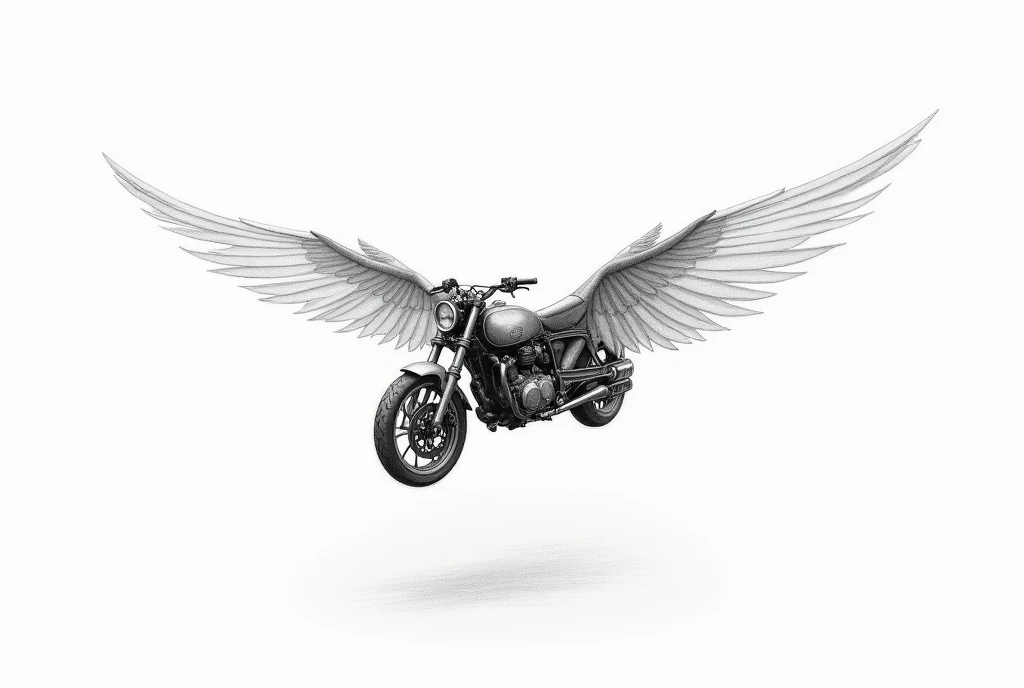 pencil drawn flying wide winged motorcycle wheel, white background, nedokonalé tahy, ruční kresba,