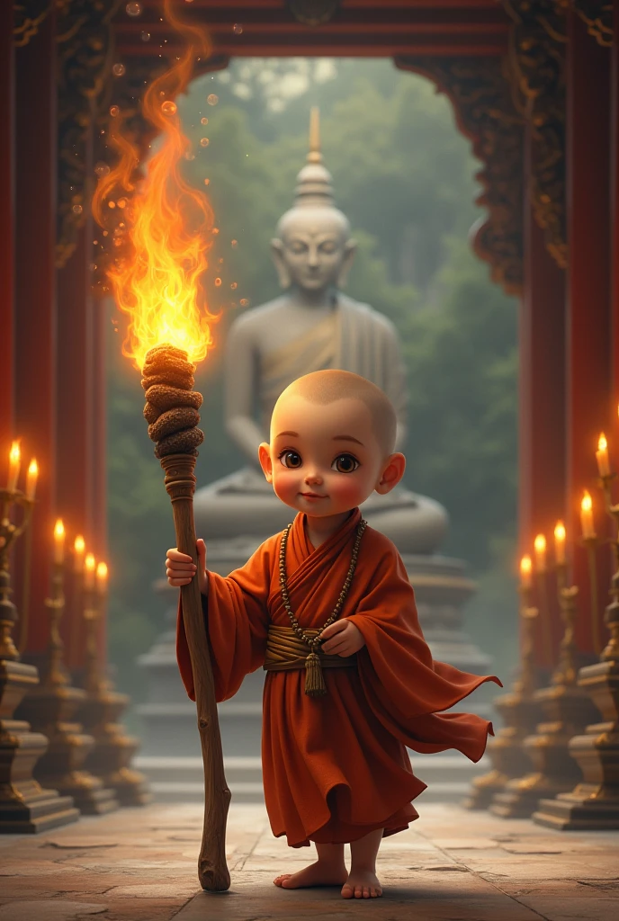 a little monk, cute face, prayer beads necklace, carrying an old wooden stick, fire stick moves, temple background