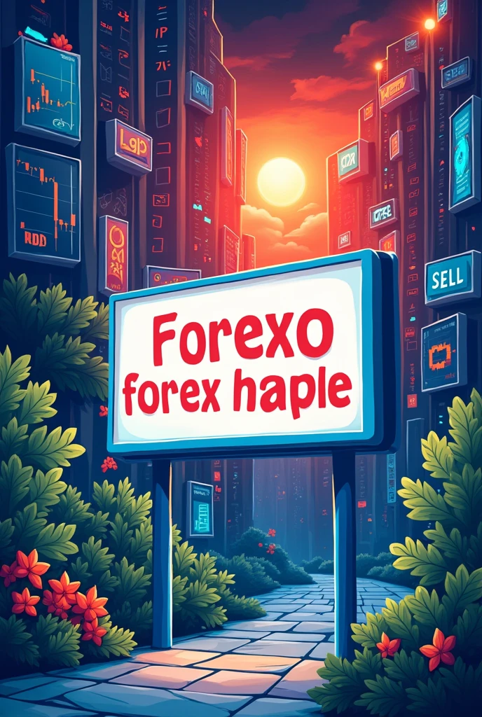 "An illustration featuring a sign with the text 'The Functioning of the Forex Market' in a bold, clear font at the center. Surrounding the sign are various images representing Forex trading actions, such as 'buy' and 'sell' buttons, along with graphs showing market trends, currency pairs, and candlestick patterns. The design should have a modern and dynamic feel, emphasizing the activity and movement within the Forex market, with vibrant colors to capture the energy and complexity of trading."