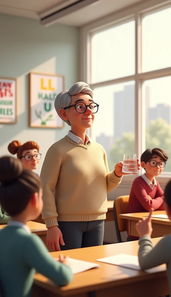 3D animation style image of a bright, modern classroom with large windows allowing natural light to flood the space. The walls are adorned with motivational posters, and there are neat rows of desks. The wise, older professor stands in the center, holding a clear glass of water that catches the light, making it sparkle. The professor has short gray hair, round glasses, and wears a beige sweater over a white shirt. The diverse group of students sits attentively, some raising their hands, others deep in thought