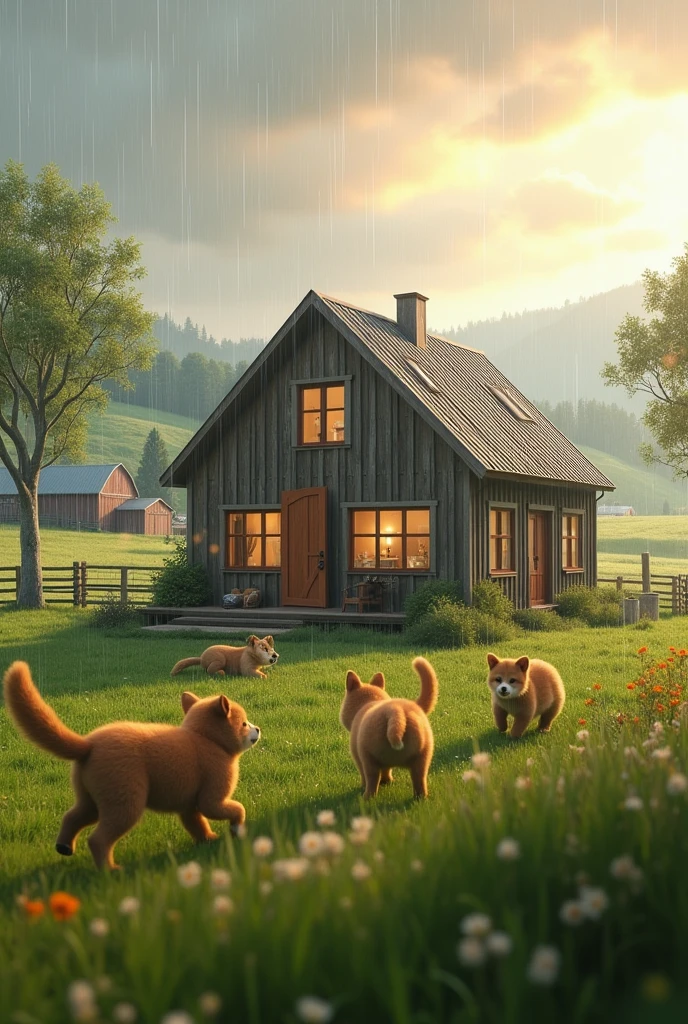 Create a small and modern home in the middle of farm with raining outside with ha ing a littile sun light and with the little cubs playing outside