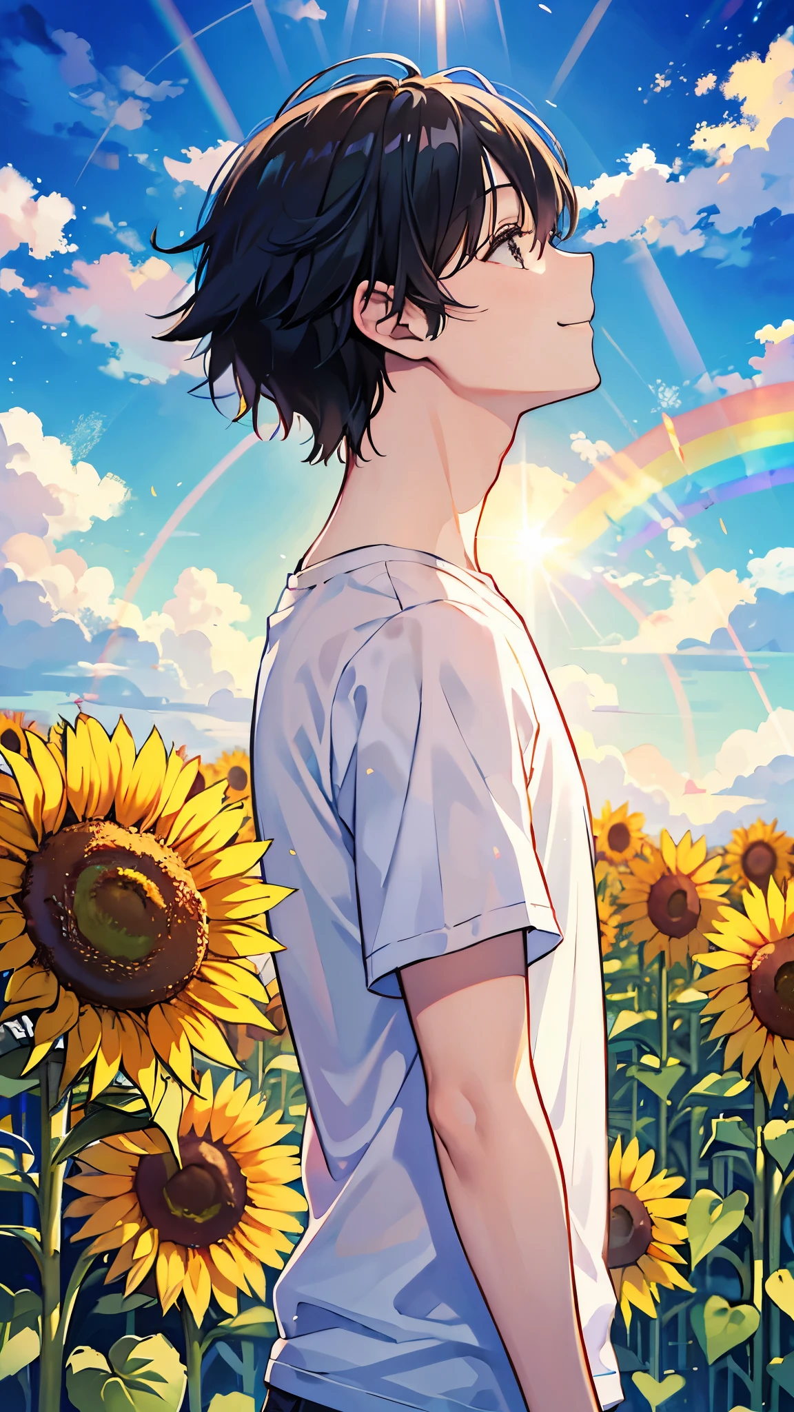 Highest quality、Man Looking Up At The Sky、smile、profile、Sunflower field、Many sunflowers、Sun and rainbow in the blue sky、Wearing a white T-shirt、Black Hair、1 male