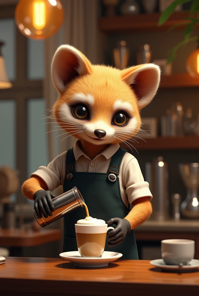 Masterpiece. Conceptual art. 16K. UHD. high quality, photorealism. Thematic background.
Cute anthropomorphic Musang barista. Elite coffee shop.
Stunning full-color design, sharp focus, studio shooting, intricate details, high detail, detailed anatomy. Hyperrealism.