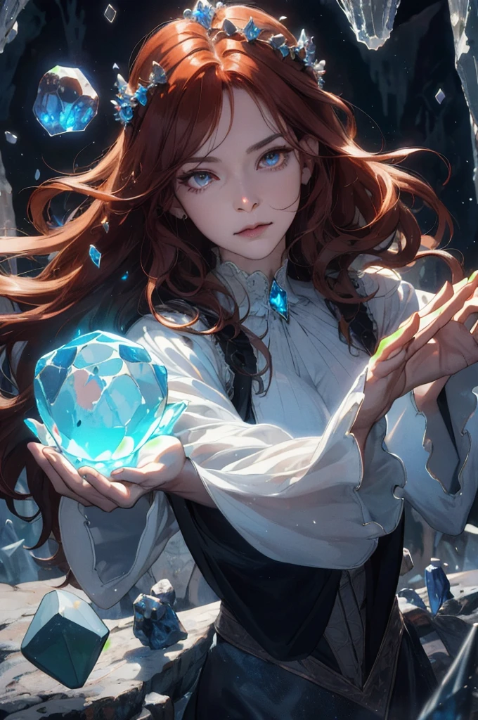 (absurd, high resolution, Extremely detailed), 1 female, Mature female, grown up, Long wavy hair, Auburn hair, Coral Eye, Bangs, Long sleeve, finely detailed eyes and Delicate face, Extremely detailed CG unity 8k wallpaper, Intricate details, (Style Swirl Magic:1.0),  Looking at the audience, Solitary, Upper Body, Detailed background, close up,  Delicate face, (Gothic dark age theme:1.1), Crystal Magician,  Dynamic poses, Earth themed clothing, Crystal Crown,  floating in the air, Glowing magic fragments, Surrounded by blue magic crystals,  Rock formations, Stalactite,  Magic floating particles, Crystal glass,  Crystal Ball, Crystal Canyon Background, (Shallow water:0.7),  Epic, ethereal atmosphere,   Updraft,, portrait