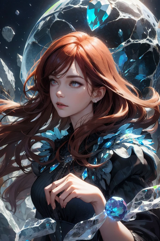 (absurd, high resolution, Extremely detailed), 1 female, Mature female, grown up, Long wavy hair, Auburn hair, Coral Eye, Bangs, Long sleeve, finely detailed eyes and Delicate face, Extremely detailed CG unity 8k wallpaper, Intricate details, (Style Swirl Magic:1.0),  Looking at the audience, Solitary, Upper Body, Detailed background, close up,  Delicate face, (Gothic dark age theme:1.1), Crystal Magician,  Dynamic poses, Earth themed clothing, Crystal Crown,  floating in the air, Glowing magic fragments, Surrounded by blue magic crystals,  Rock formations, Stalactite,  Magic floating particles, Crystal glass,  Crystal Ball, Crystal Canyon Background, (Shallow water:0.7),  Epic, ethereal atmosphere,   Updraft,, portrait