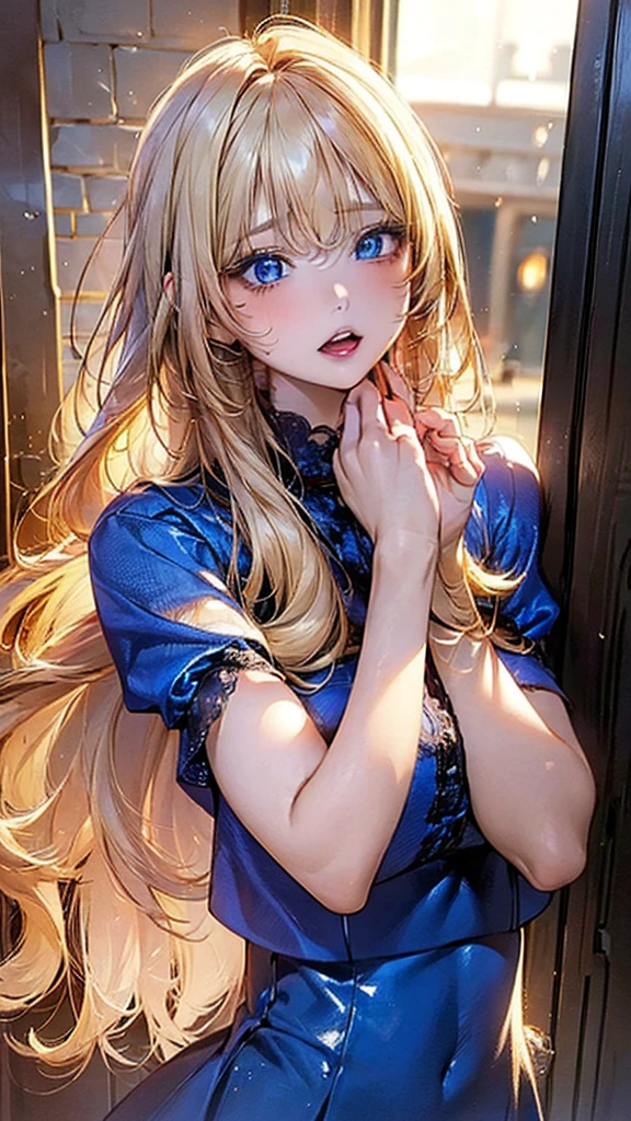 (best quality, 8K, masterpiece:1.3,beautiful girl), (Very detailed)Radiant Skin,(((Long hair,Blonde,Beautiful hair))),(Perfect anatomical structure, Anatomically correct, Very detailed肌),((blue eyes)),Shiny sequined dress,Sexy home from get off work,Open the door,Tired expression