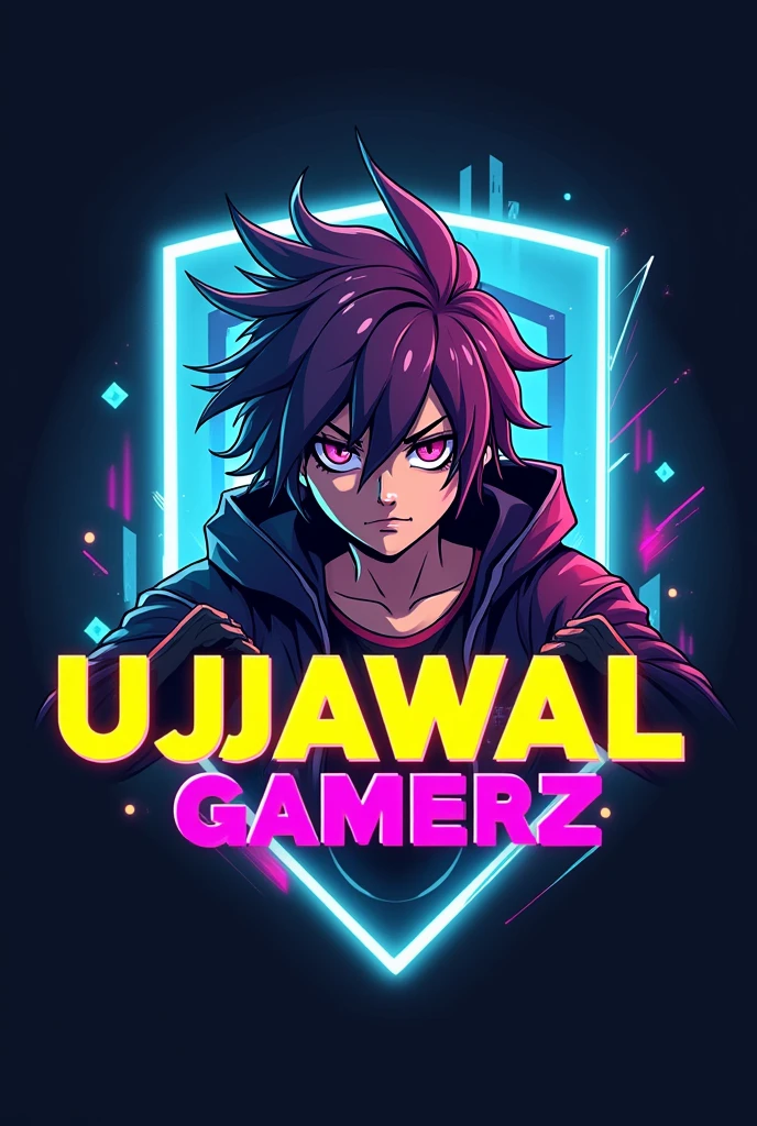 This is a gaming logo that features the name "UJJAWAL GAMERZ" in a futuristic font and a neon yellow color. and gaming anime boy avtar.