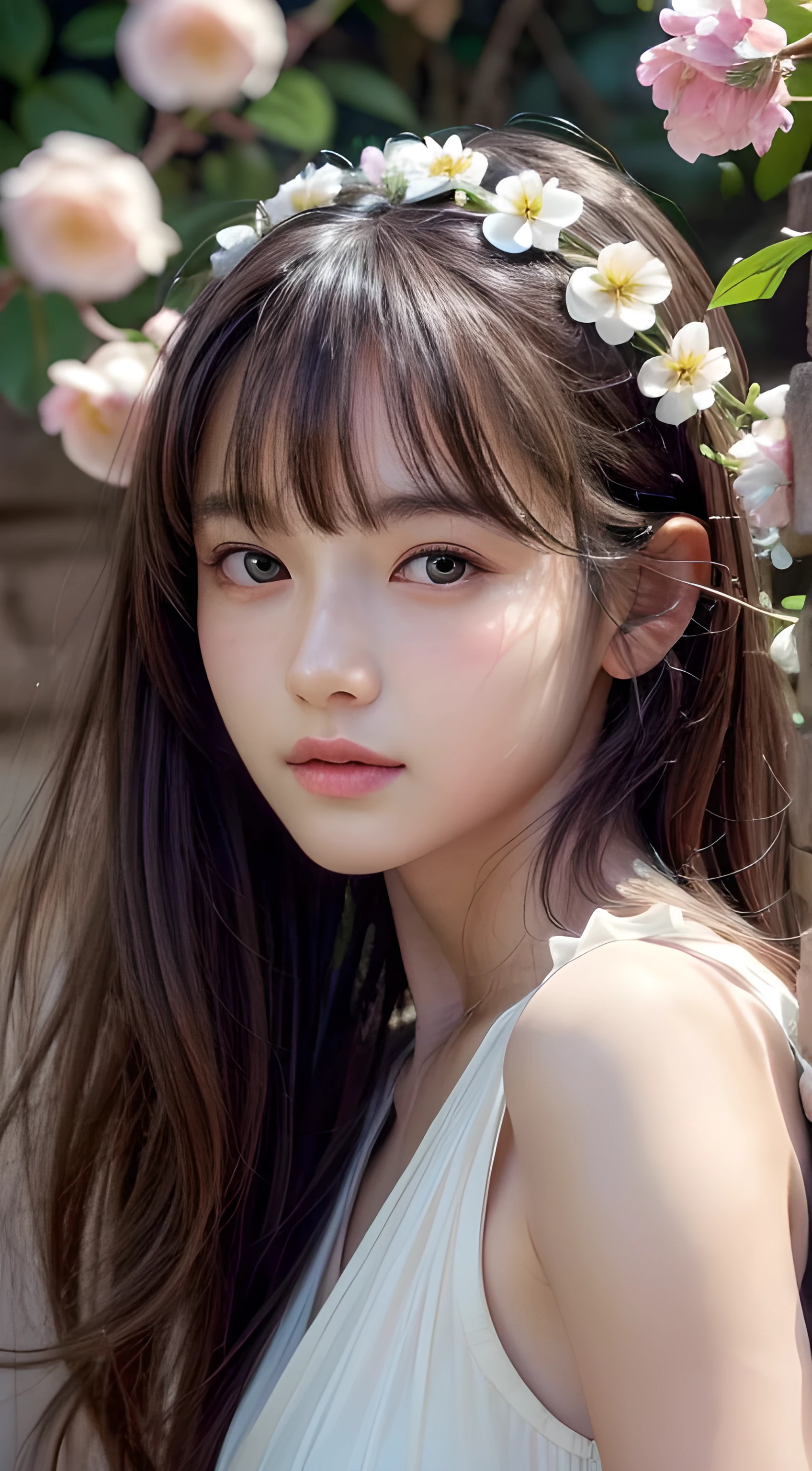 (best quality,4k,8k,highres,masterpiece:1.2),ultra-detailed,(realistic,photorealistic,photo-realistic:1.37),a young beautiful girl,goddess of the quiet moon,fragrant flowers,extremely detailed and beautiful facial features,serene atmosphere,illustration,soft color palette,subtle lighting