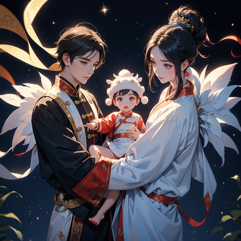A one-year-old baby boy in an white ancient Chinese baby costume with his beautiful mother, dressed in an ancient Chinese costume, playing with each other, with his handsome father standing next to his mother, close up.

Background is a dark night, with moonlight and millions of stars, twinkling everywhere, with blue light