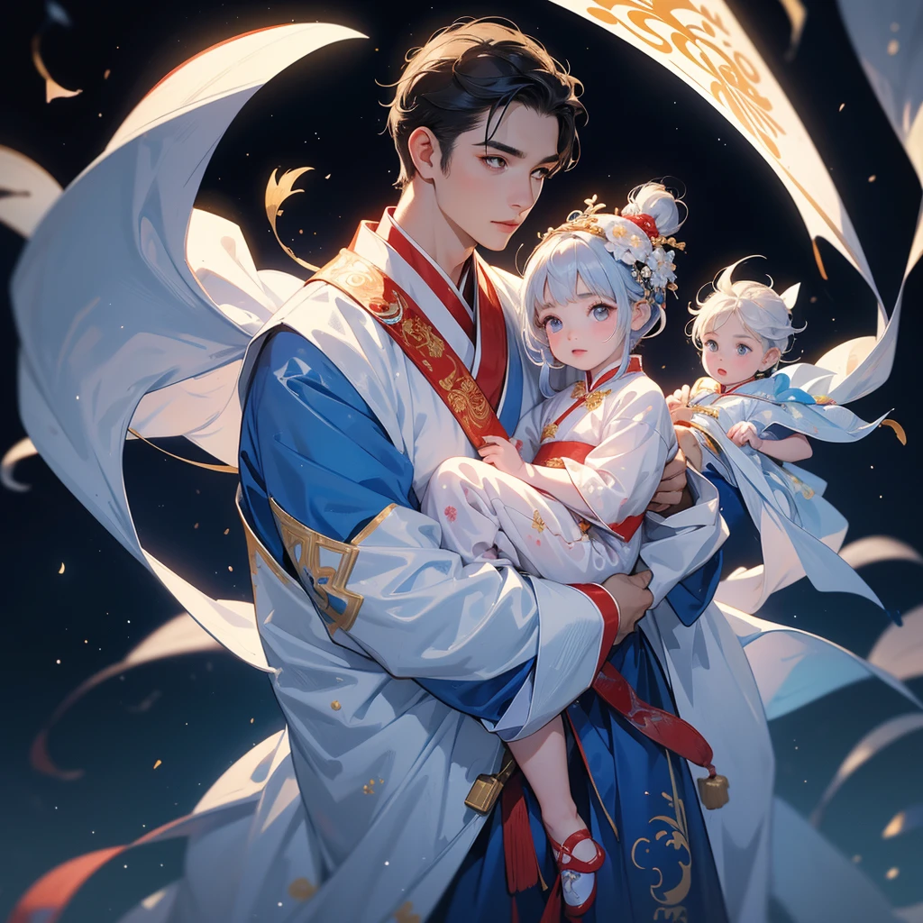 A one-year-old baby boy in an white ancient Chinese baby costume with his beautiful mother, dressed in an ancient Chinese costume, playing with each other, with his handsome father standing next to his mother, close up.
Background is a dark night, with moonlight and millions of stars, twinkling everywhere, with blue light