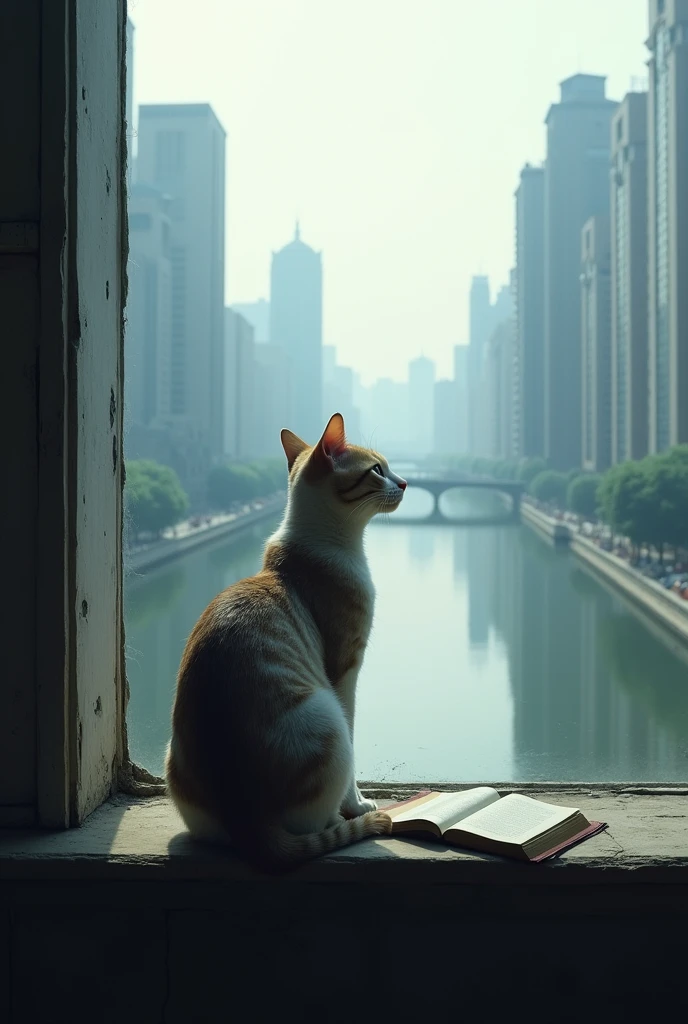 A Thai cat sits by the window of a tall building by the river, with sad eyes, missing its owner.