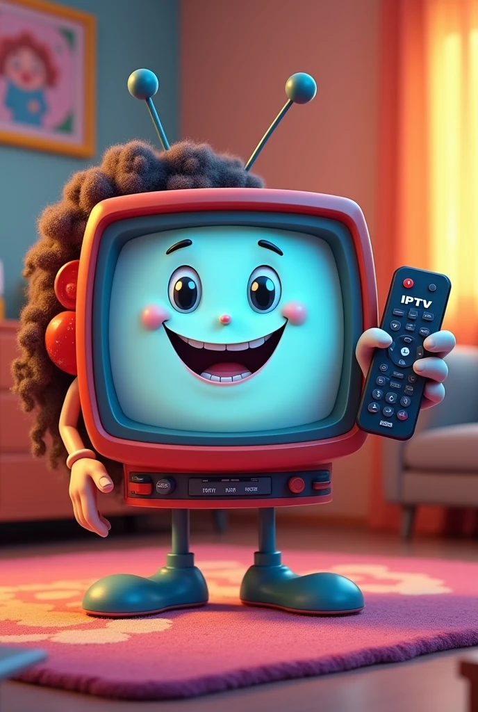 Cartoon style television with arms and long curly hair holding a remote control with IPTV written on it 