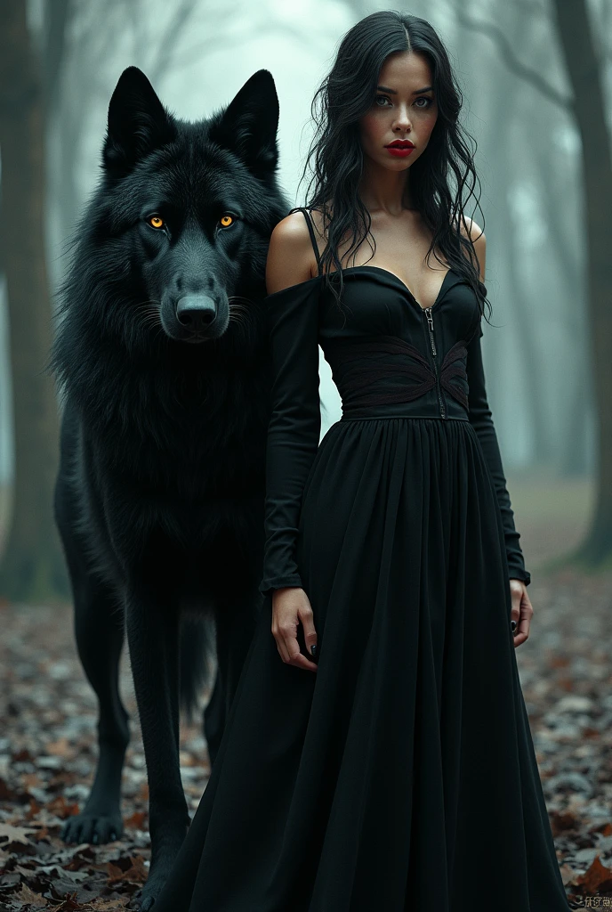 A woman and a black wolf with a woman in black clothing and red lips looking ahead 
