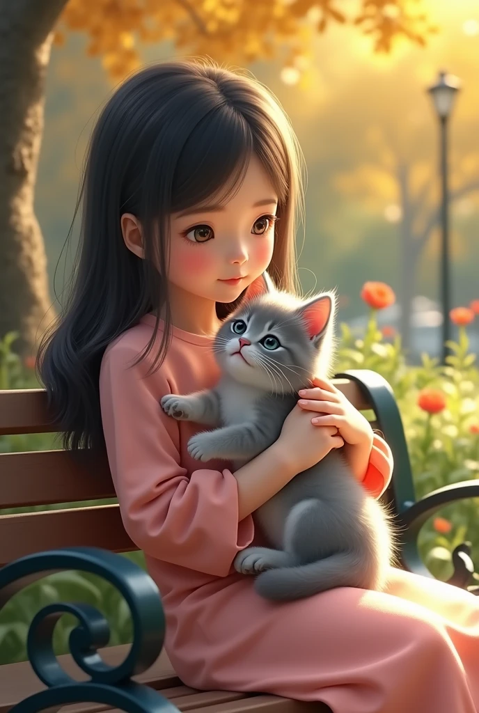 An ultra-high-definition, photorealistic depiction of a beautiful long-haired Taiwanese girl sitting on a park bench, holding a 2--old ser-gray American Shorthair kitten with adorable, endearing eyes and fluffy ears. The scene is set in natural outdoor lighting with soft shadows, capturing a serene and peaceful atmosphere. The detailed fur texture and delicate facial expressions highlight the emotional connection between the girl and the kitten in a warm, inviting environment with vivid and vibrant colors.