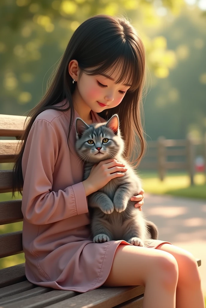An ultra-high-definition, photorealistic depiction of a beautiful long-haired Taiwanese girl sitting on a park bench, holding a 2-month-old silver-gray American Shorthair kitten with adorable, endearing eyes and fluffy ears. The scene is set in natural outdoor lighting with soft shadows, capturing a serene and peaceful atmosphere. The detailed fur texture and delicate facial expressions highlight the emotional connection between the girl and the kitten in a warm, inviting environment with vivid and vibrant colors.