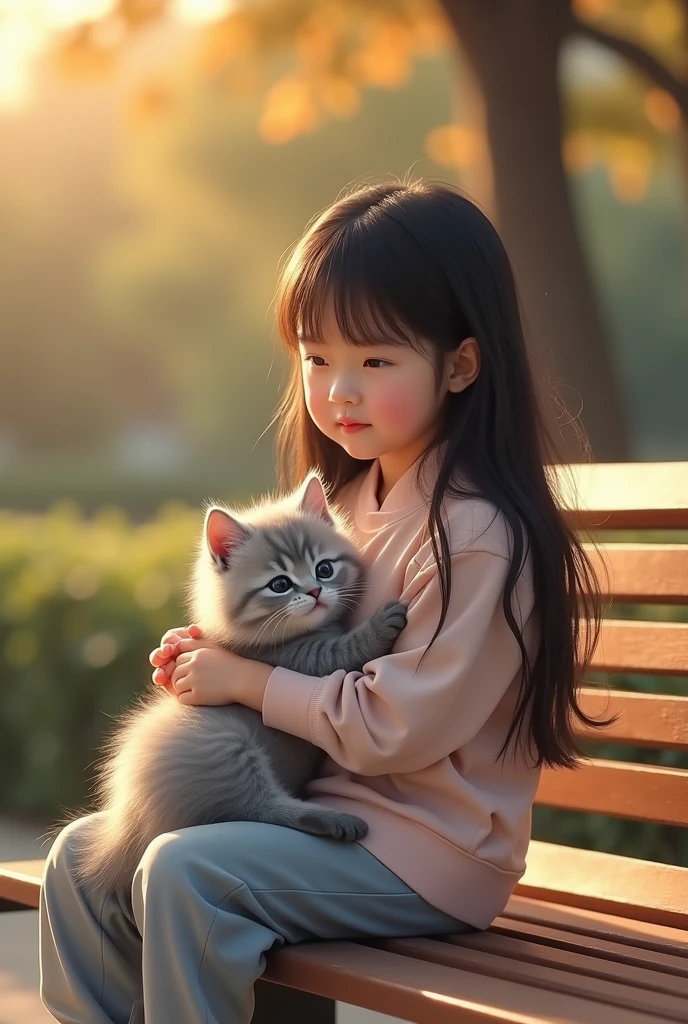 An ultra-high-definition, photorealistic depiction of a beautiful long-haired Taiwanese girl sitting on a park bench, holding a 2-month-old silver-gray American Shorthair kitten with adorable, endearing eyes and fluffy ears. The scene is set in natural outdoor lighting with soft shadows, capturing a serene and peaceful atmosphere. The detailed fur texture and delicate facial expressions highlight the emotional connection between the girl and the kitten in a warm, inviting environment with vivid and vibrant colors.