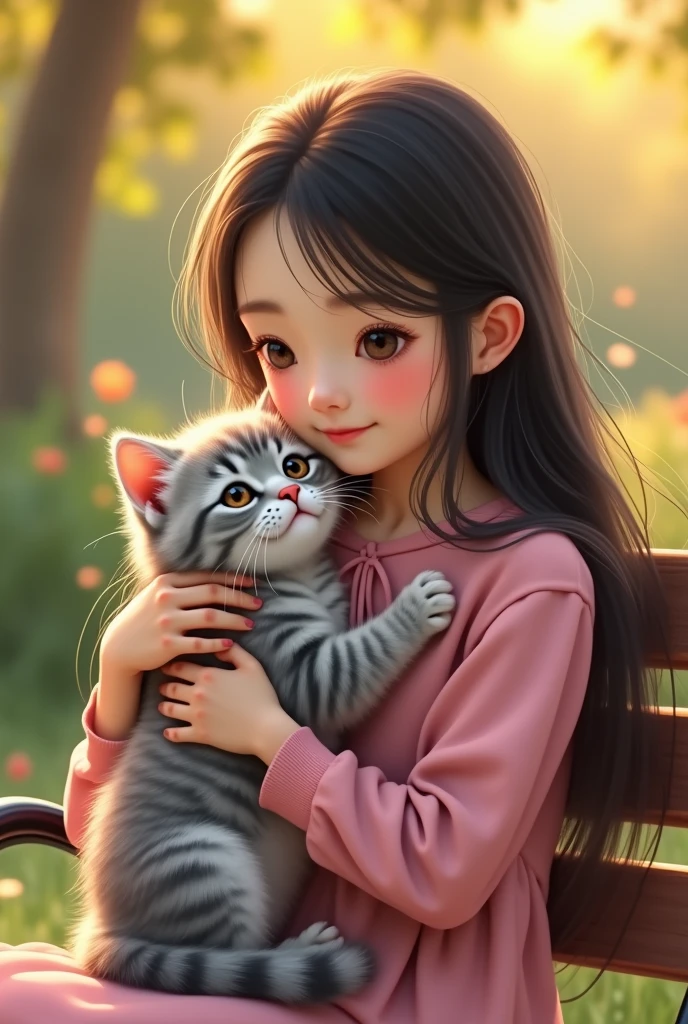 An ultra-high-definition, photorealistic depiction of a beautiful long-haired Taiwanese girl sitting on a park bench, holding a 2-month-old silver-gray American Shorthair kitten with adorable, endearing eyes and fluffy ears. The scene is set in natural outdoor lighting with soft shadows, capturing a serene and peaceful atmosphere. The detailed fur texture and delicate facial expressions highlight the emotional connection between the girl and the kitten in a warm, inviting environment with vivid and vibrant colors.
