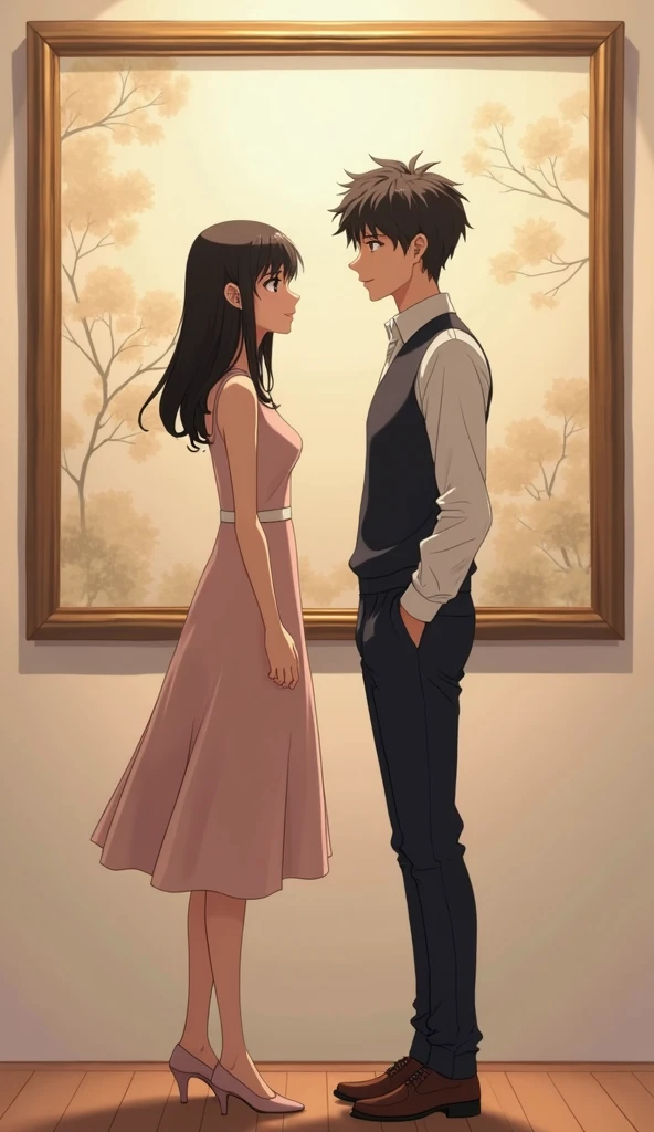Imagine a anime scene by image from back side of a Indian 2 simple shy college elegant boy and girl standing side by side to each other in art exhibition, girl dressed in simple but elegant one piece dress, a shy and handsome boy standing near to her and looking towards girl with affection, girl looking towards the painting Masterpiece, Best Quality, 