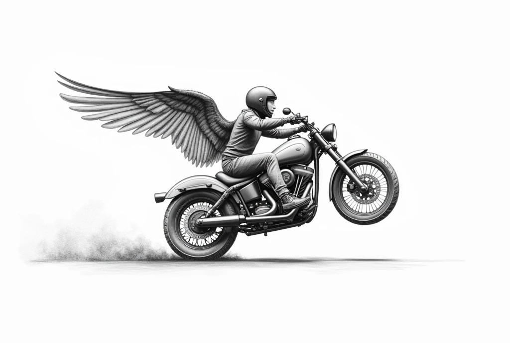 pencil drawn flying wide winged wheel from motorcycle, white background, nedokonalé tahy, ruční kresba,