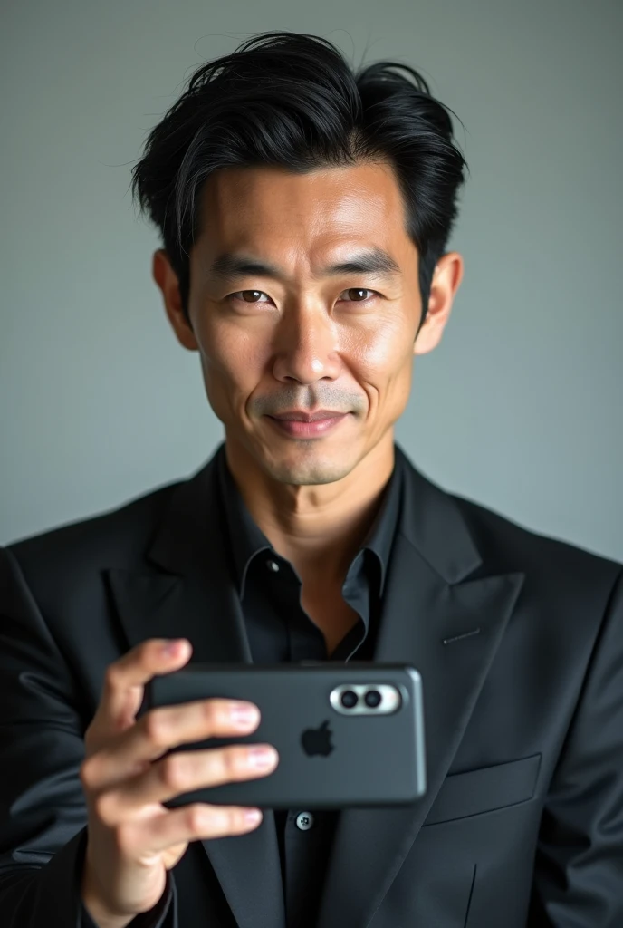 A slim but slightly muscular Japanese man in a suit, Photographed with a smartphone, Selfie, Top quality, 1 beautiful men, Perfect Face, Japanese men, age 41, suit, center part, short hair, black hair, oily hair, Posing like a magazine cover,