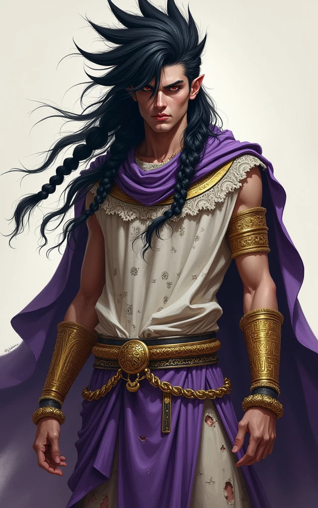 Age 25, male, long set of swift black hair that run in assorted spikes to barely reach the feet. Three spikes curved atop the head, with one that lined down on his face to slightly cover the nose and left eye. Two more strands of his hair were braided with golden beads to cover the golden-pierced ears. Along with black, bushy eyebrows, menacing dark-red eyes, pale skin
white undershirt with golden highlights that were decorated with ancient, black markings that the Greeks wore in ancient times. Along with wearing golden armor-like bracelets , a large violet cape: somewhat damaged with a knot to tie it together at the front. It later continued to a another violet cloak worn on his waist. Supported by a golden belt with gold beads surrounding it, the cloak functioned as to cover his bare legs which also contained golden knee-bracelets and used some golden wrapping and papyrus to emulate shoes.