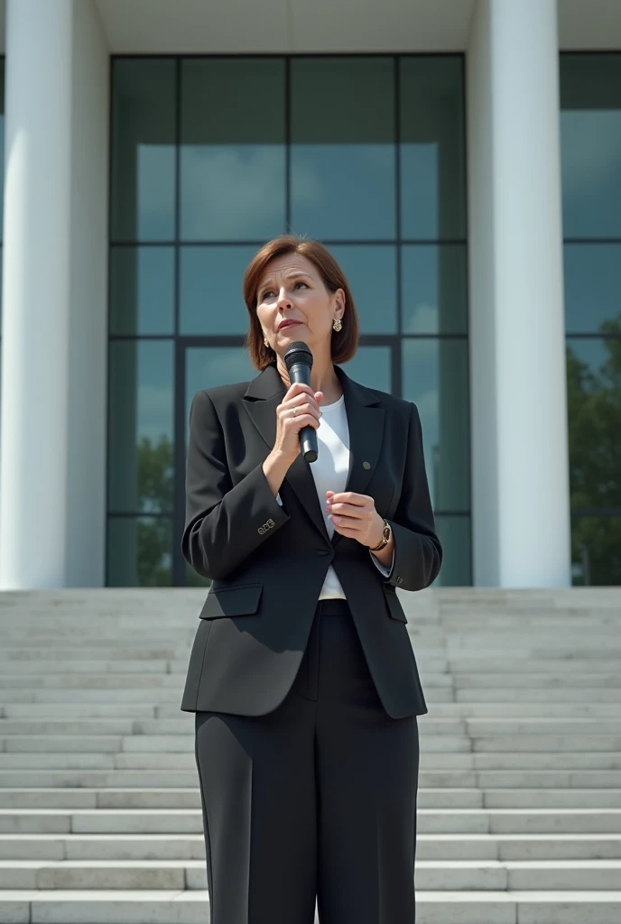 50-year-old woman, brunette, with black eyes and formal wear, speaking into a microphone on the facade of a white building with a glass door and stairs