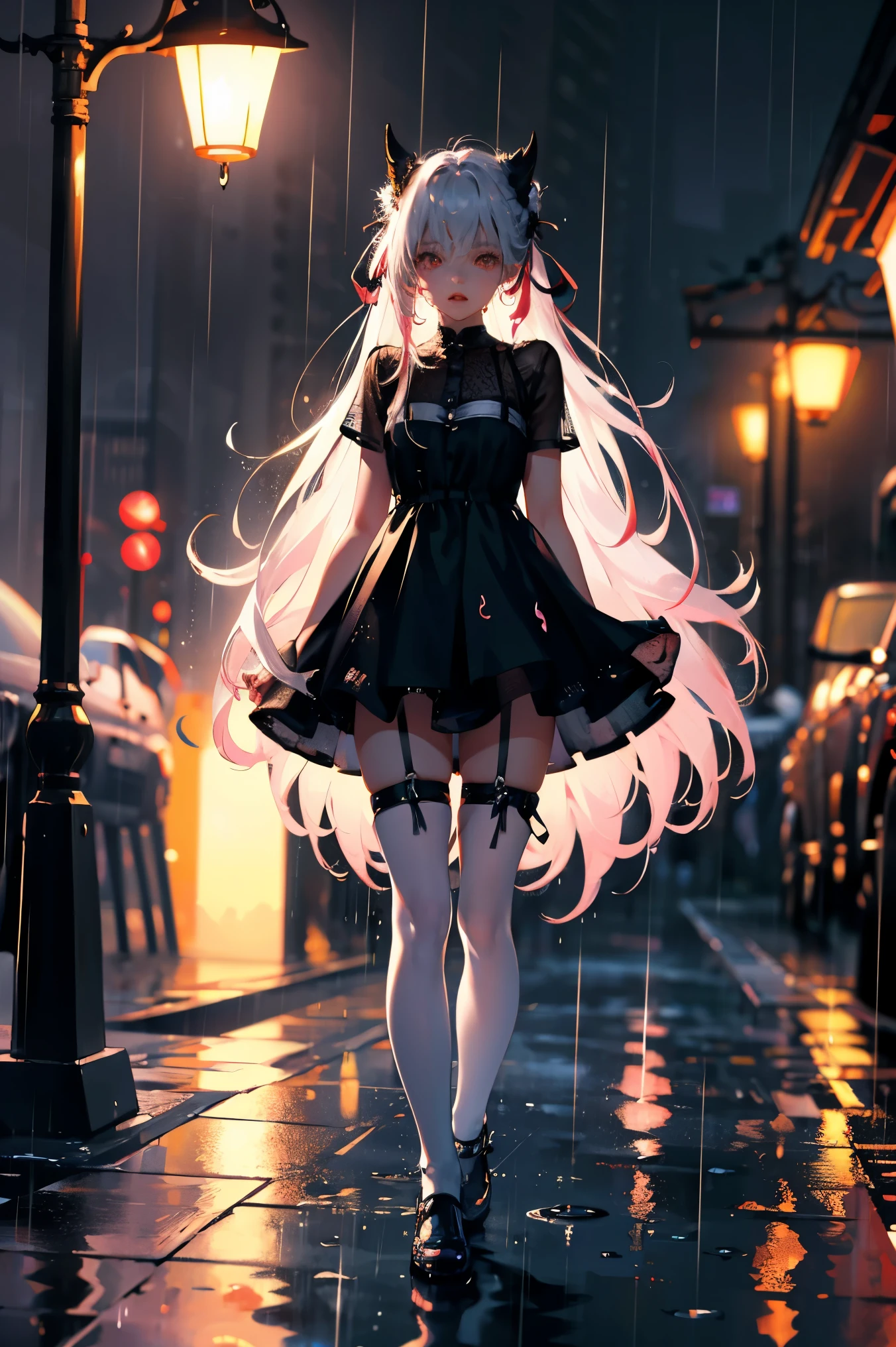 uhd, textured skin, good quality, High details, masterpiece, best quality, high detail face, (Amazingly absurd:1.2), (masterpiece:1.2), fluffy, 1 Girl, Dragon ears, Dress with ruffles, glowing eyes, shining hair , Whole body love, very long hair, hair ribbon, black kneesocks, full body, Kawaiitech, soft colours, Kawaii, Beautiful colors, (Rain:1.5), (Wet:1), (Night:2)