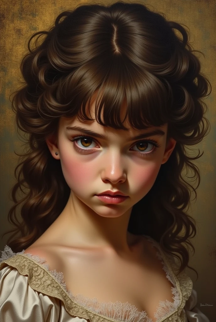 creates a curly-haired girl with bangs like royalty in a painting looking angry