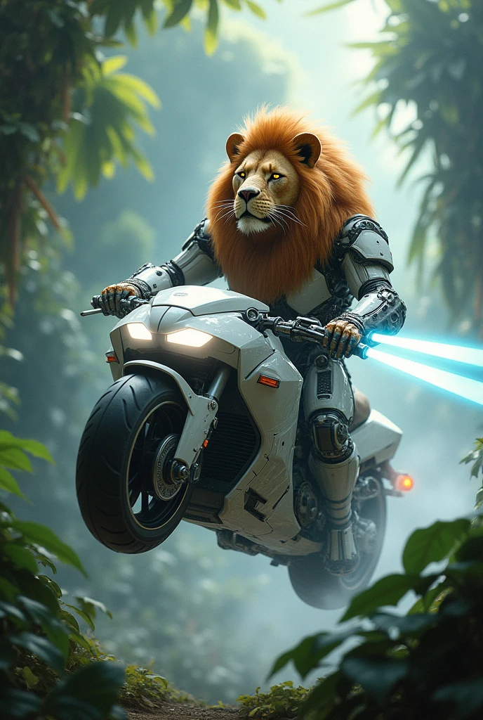 A cyborg lion riding a future bike in jungle and a black light of white shades os glossy and taking a future weapon