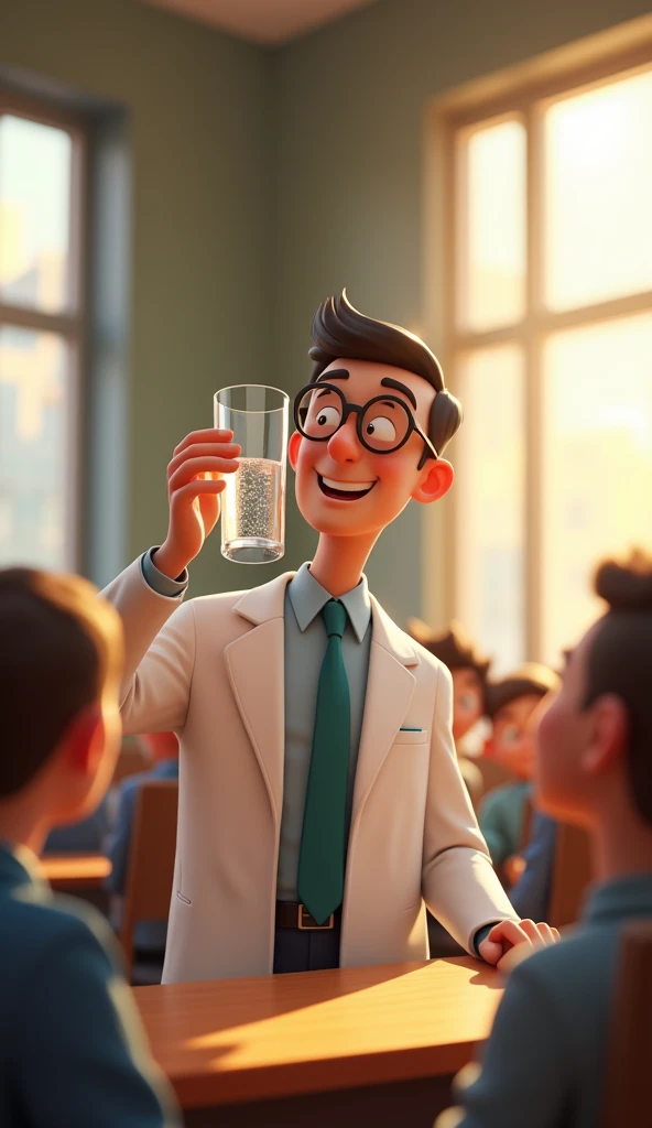 3D animation style image focusing on the professor as he lifts the glass of water slightly, with a warm, knowing smile on his face. The camera angle is slightly low, emphasizing the importance of the glass in his hand. The sunlight from the windows highlights the clarity of the water, creating a sense of anticipation. The background shows students in various stages of concentration, some looking at the professor, others at the glass.
