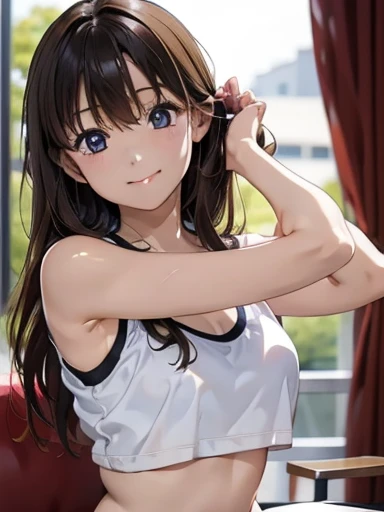 masterpiece, High resolution, High resolution, High resolution, Girl,cute,kawaii,Chest to head,smile,Straight Hair,Long Hair,Black Hair,sitting,my room,sports bra top,looking at the camera,Raise your arms,Stretching, daylight