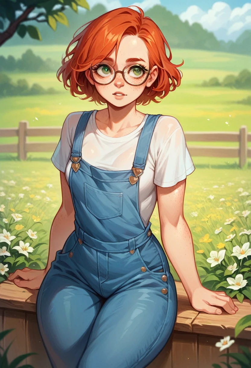 a girl with curves, short funny hair,redhead, small breasts and green eyes,beautiful freckles on her face, With glasses, wear loose overalls on one of the straps,In the background there is a beautiful field of flowers and in the distance a farm.