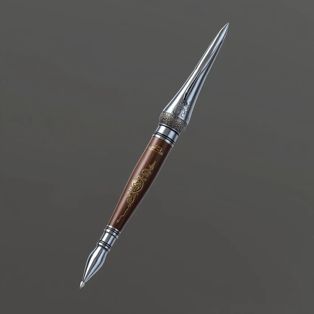 Seal carving pen,silvery metal,Dark brown handle,Gold Engraving,Shiny grey edge.