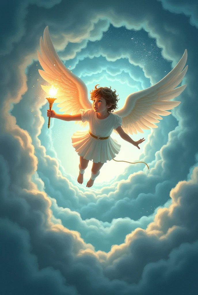A winged youth with a torch, soaring through a swirling vortex of clouds, leaving a trail of glittering stardust in their wake.