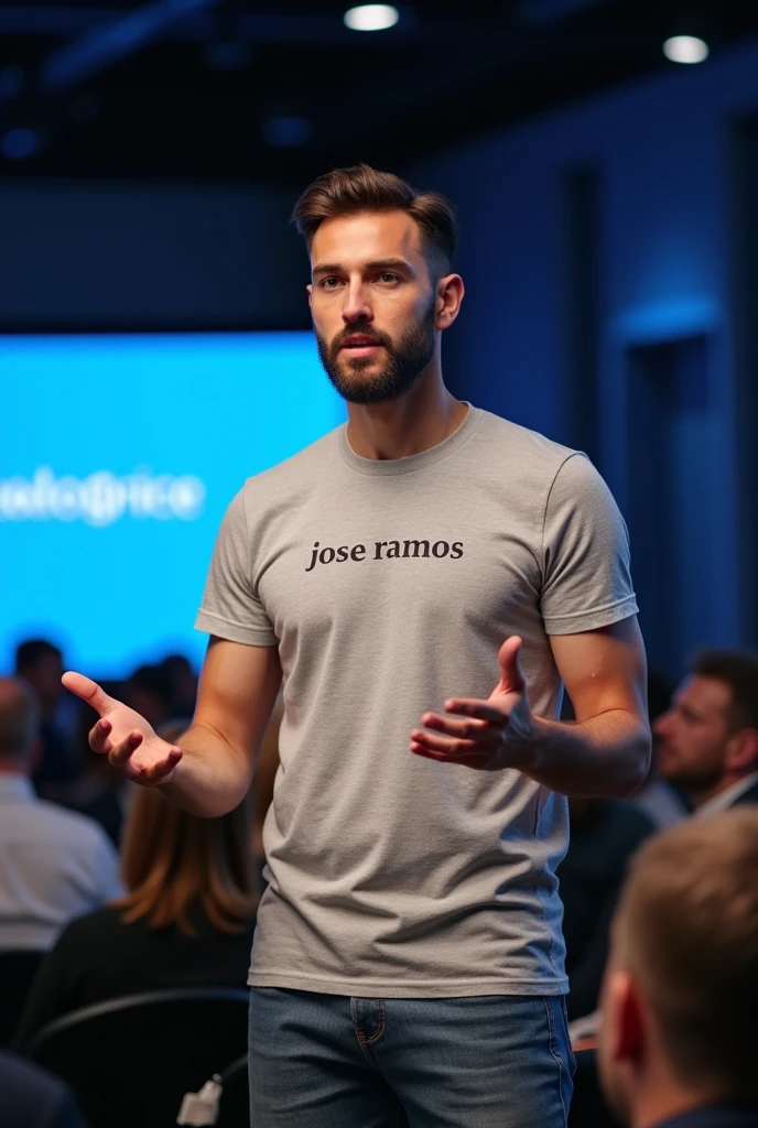 30-year-old man wears a t-shirt with written letters "Jose Ramos". He's giving a chat with a microphone, Behind you can see logos of technology companies like Google, facebook, Salesforce. He is wearing a t-shirt with the name Jose Ramos on it, which is perfectly legible. "Jose Ramos"